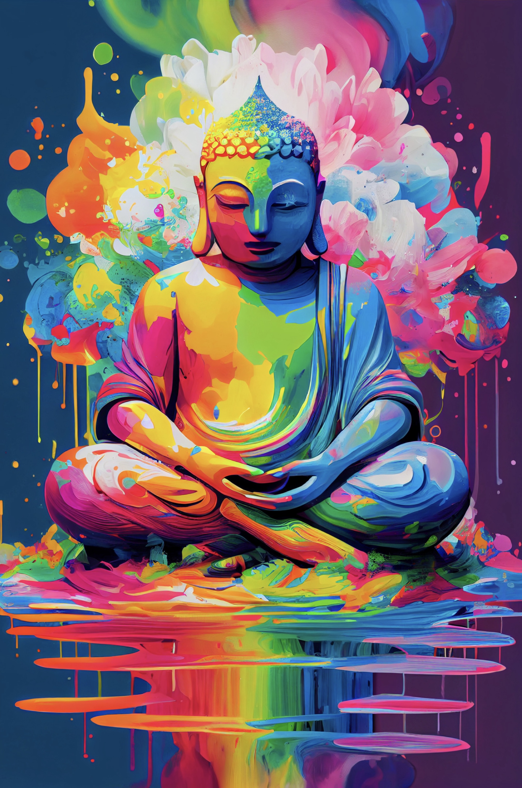 A rainbow color paint rendering of the Buddha sits in lotus position