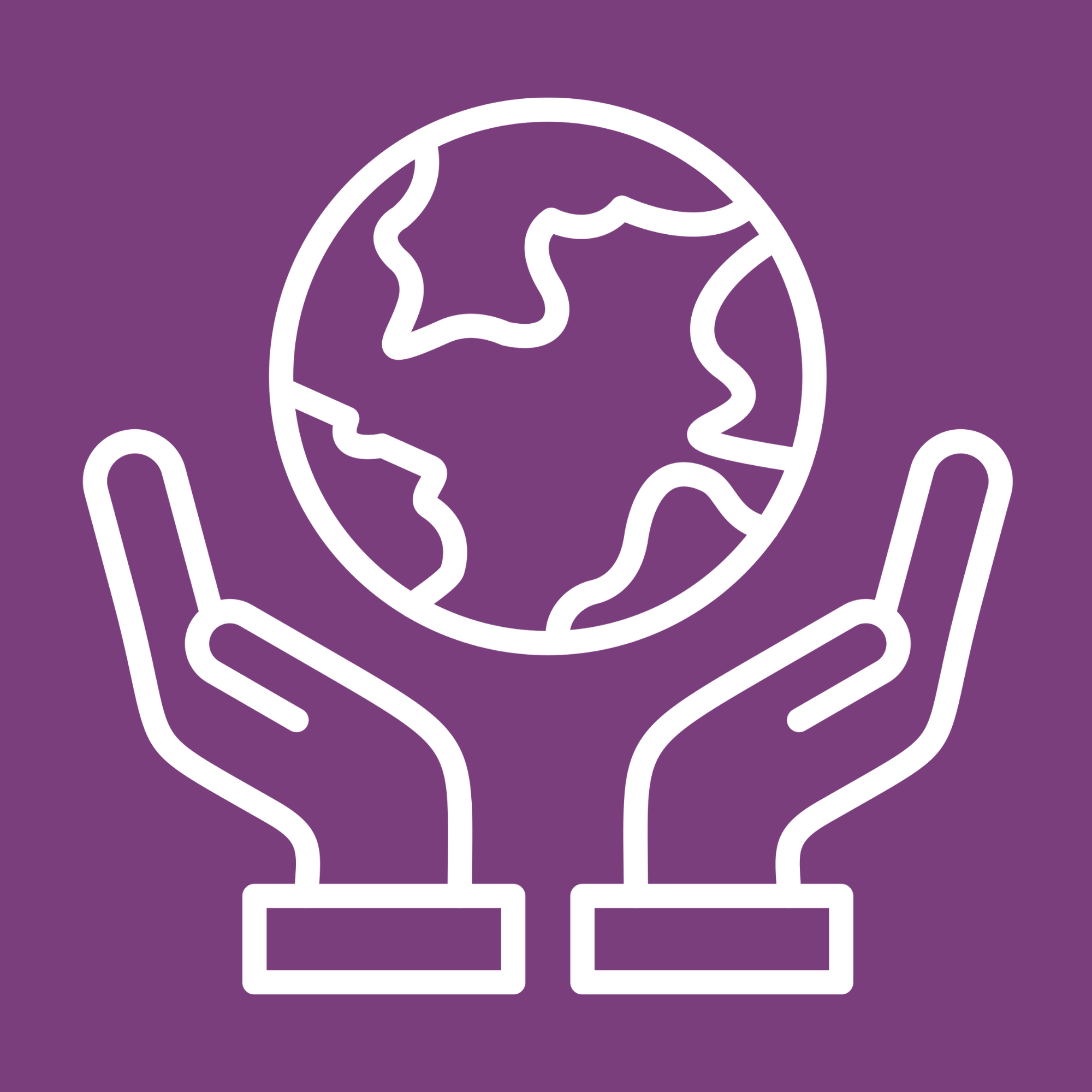 White icon of a globe being held by two hands on a wine color background