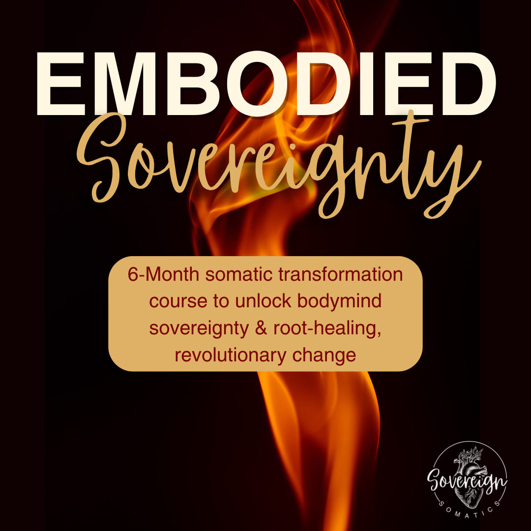 Graphic image of a purple and blue night sky, with a faded illustration of an anatomical heart on fire inside a circle and the title “embodied sovereignty” at the top. A blue box sits center with “6-month somatic transformation course to unlock bodymind sovereignty & root-healing, revolutionary change” in gold letters and “launches march 2026 at the bottom of graphic