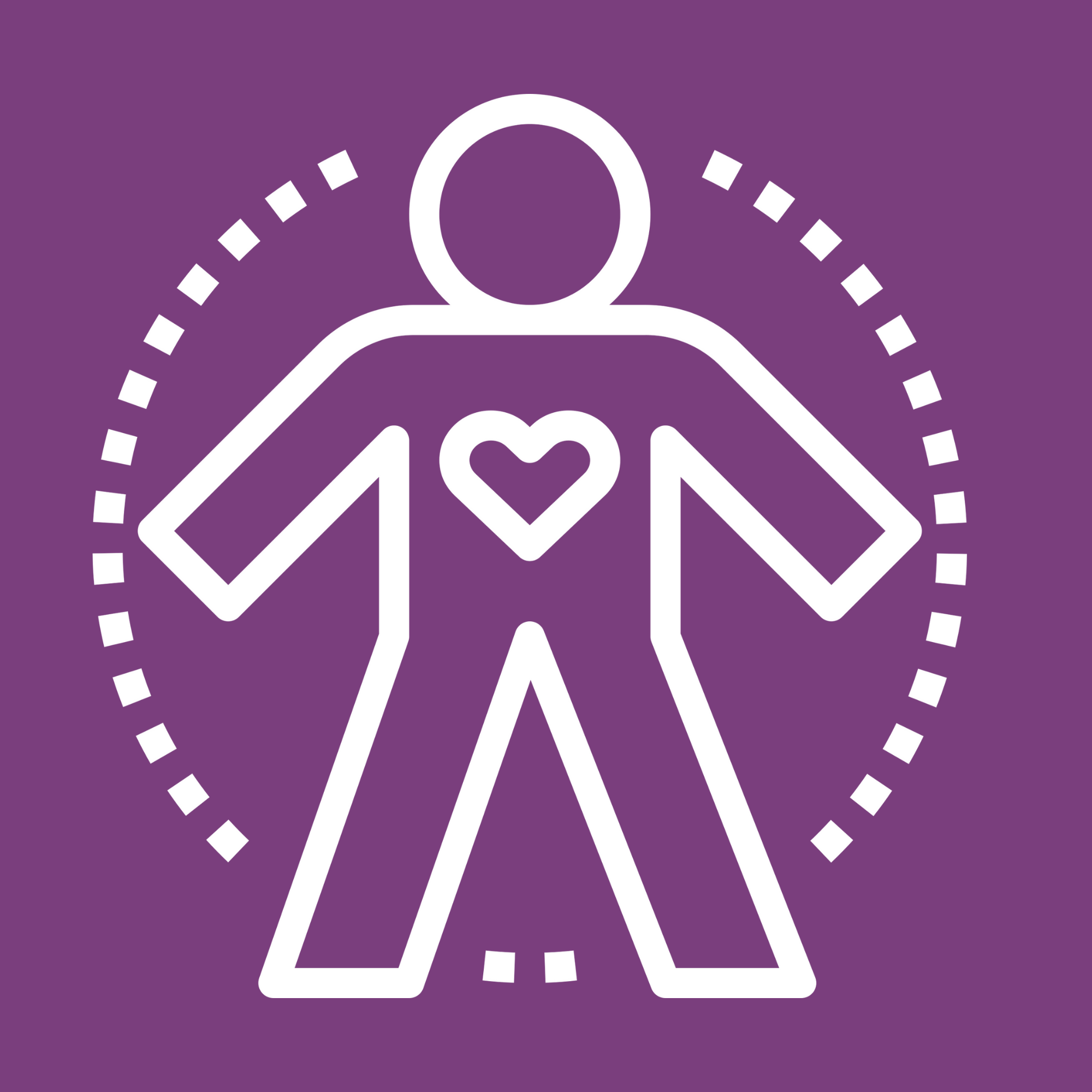 White icon of a person with a heart in the middle, dotted circle around their whole body and wine color background