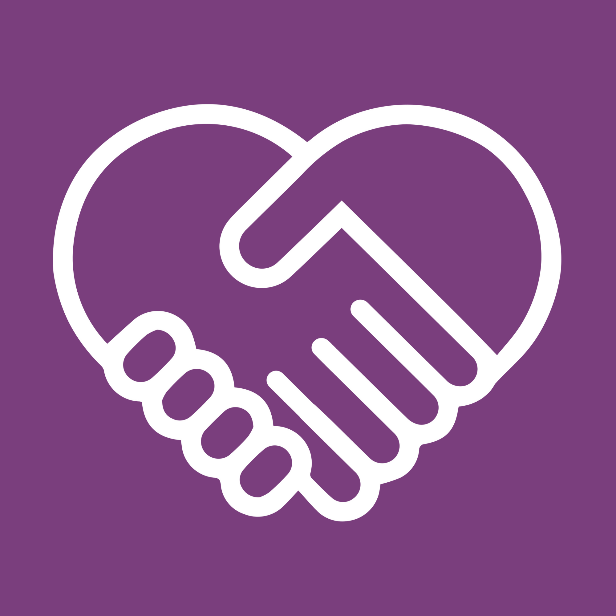 White icon of two hands holding in the shape of a heart on a wine color background