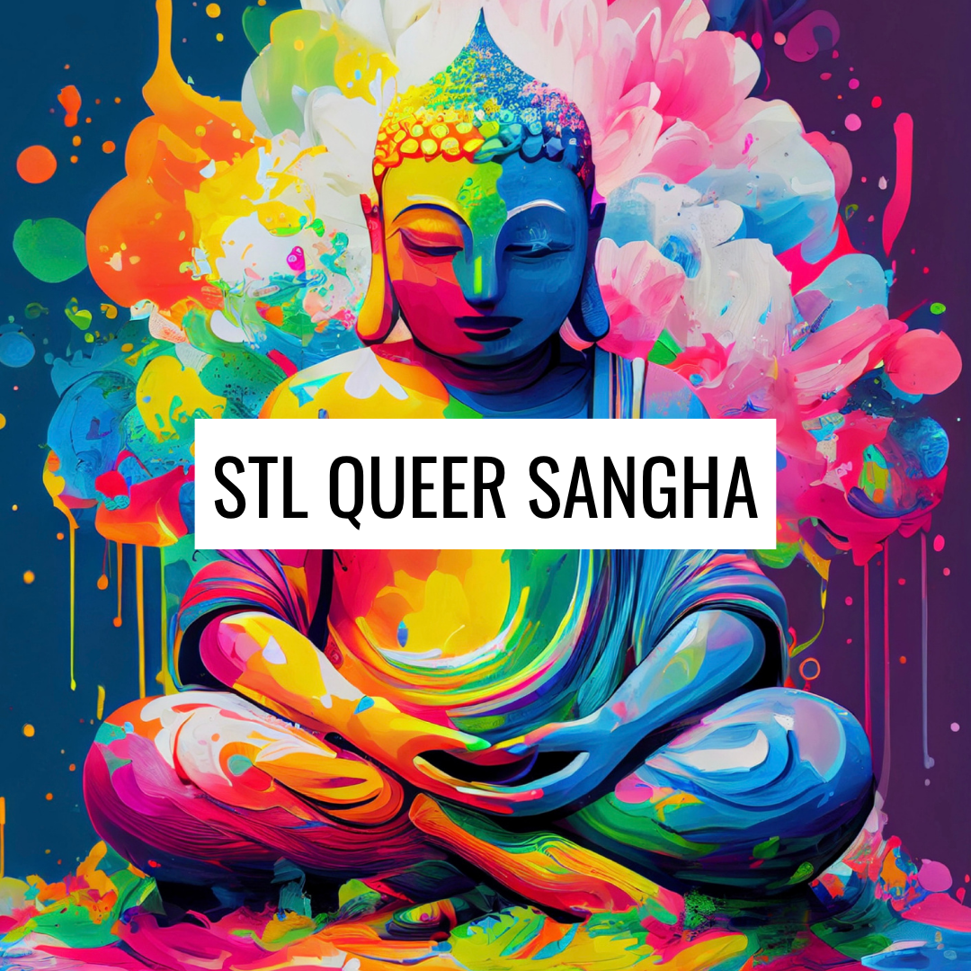 A purple circle with a with a rainbow illustrated Buddha and “STL Queer Sangha” in black lettering atop a white rectangle