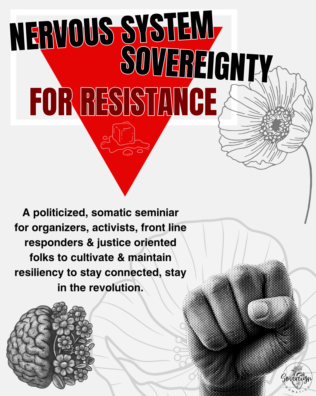 Nervous System Sovereignty for Resistance flyer- white rectangle with a red, downward pointing triangle with a semi-transparent melting ice cube on it; two grey outlines of a poppy flowers, a grey pixelated raised fist, and a grey illustration of a brain with one half flowers