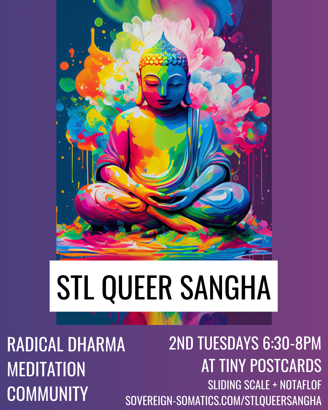 A chonky, grey tabby cat lays on their side with rainbow light emanating from their belly and the title “STL Queer Sangha” superimposed on the rainbow